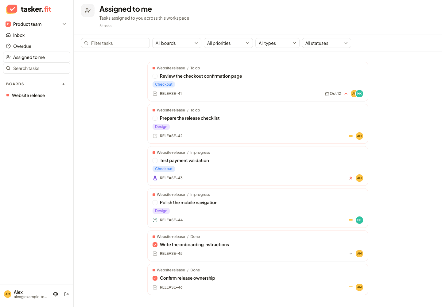 Assigned-to-me workspace view with project tasks and filtering controls