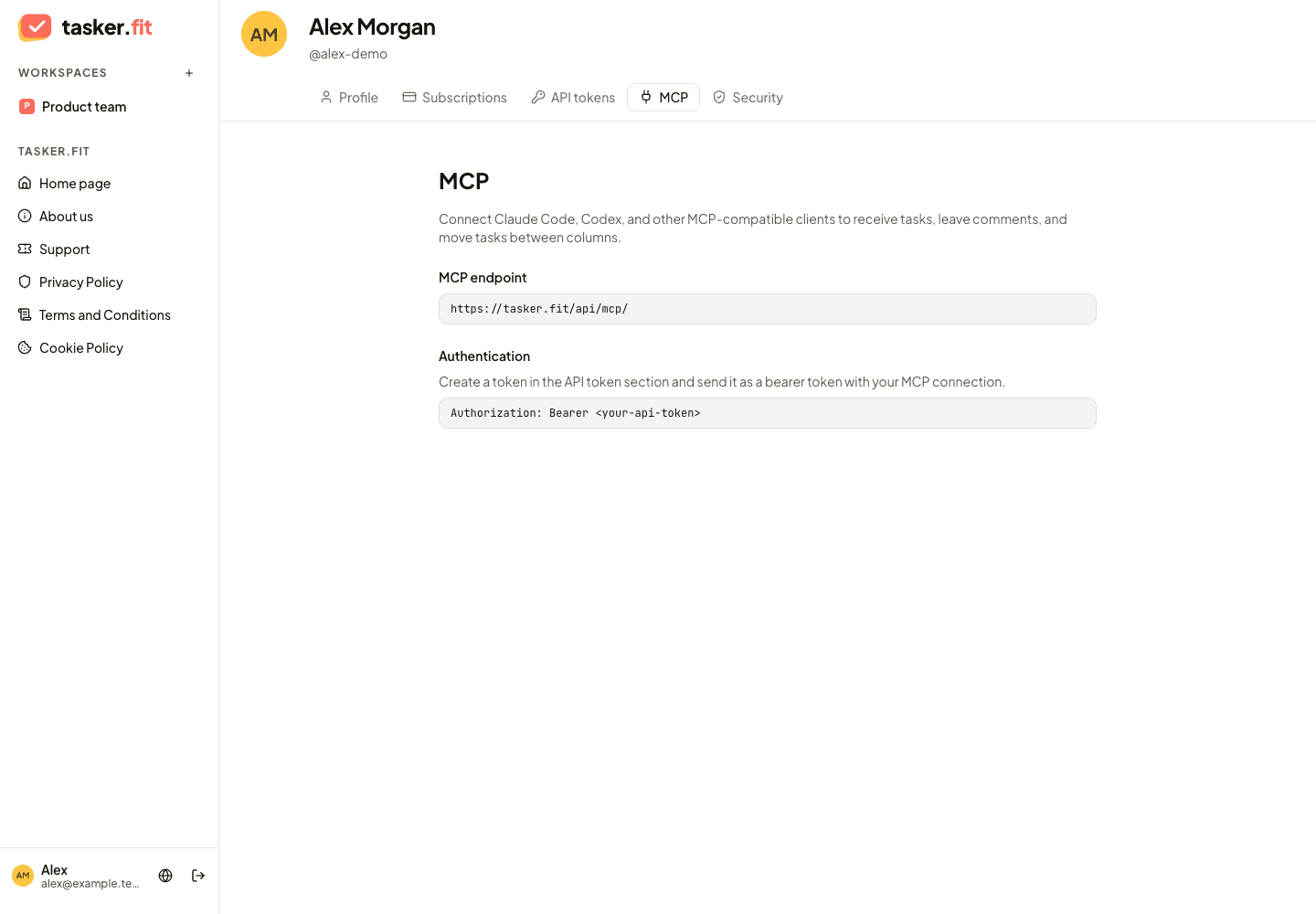 Profile MCP settings showing the server endpoint and a placeholder bearer header