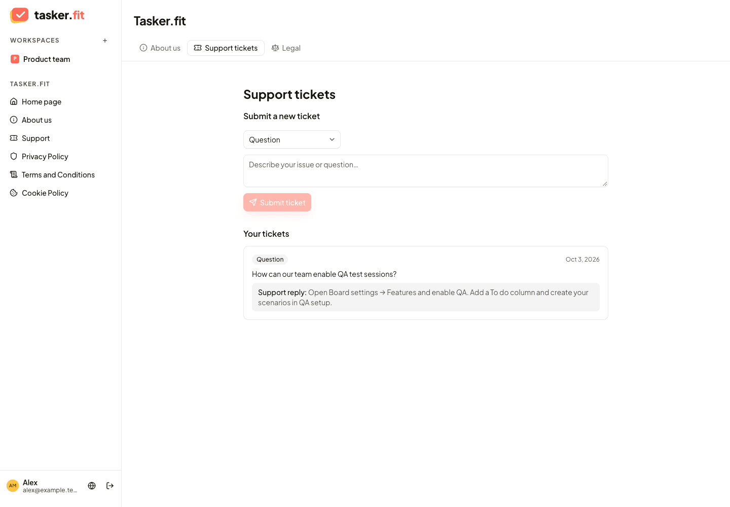 Tasker.fit Support screen with the ticket composer and an example response