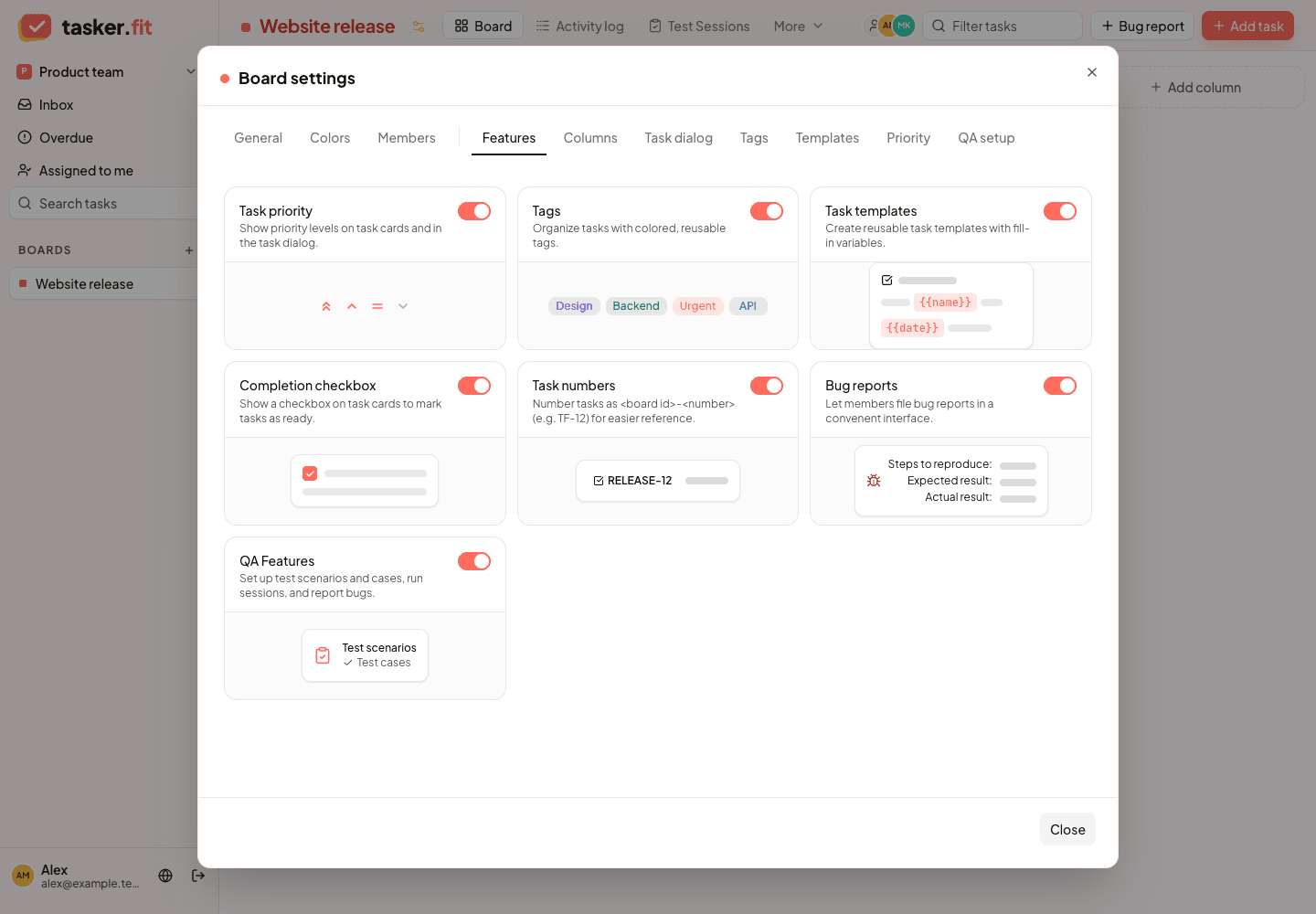 Board settings feature switches for priorities, tags, templates, completion, task numbers, bugs, and QA