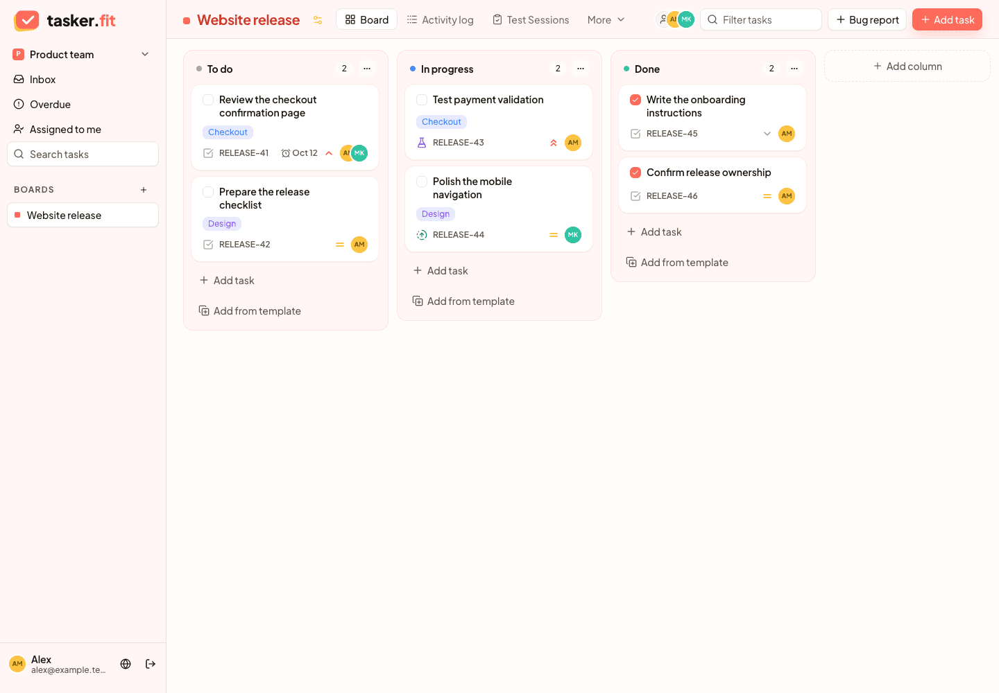 Tasker.fit demo release board with To do, In progress, and Done columns