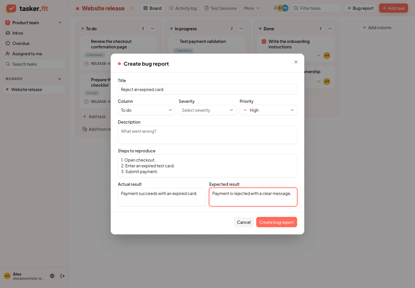 Structured bug-report dialog with reproduction steps, expected result, actual result, and severity