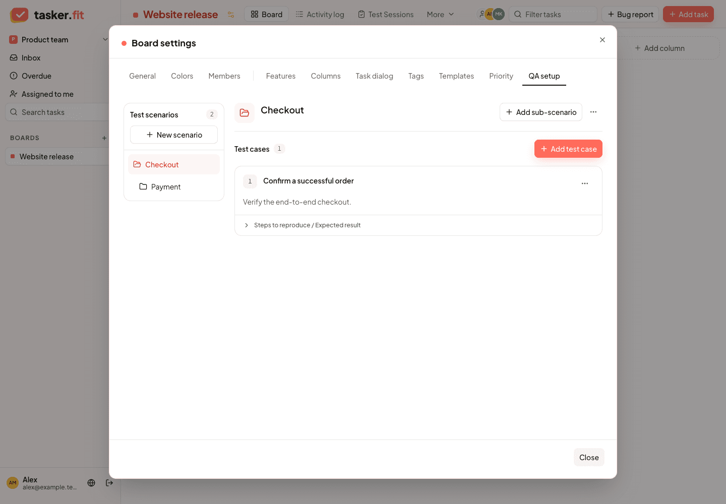 QA setup showing nested checkout scenarios and their test cases