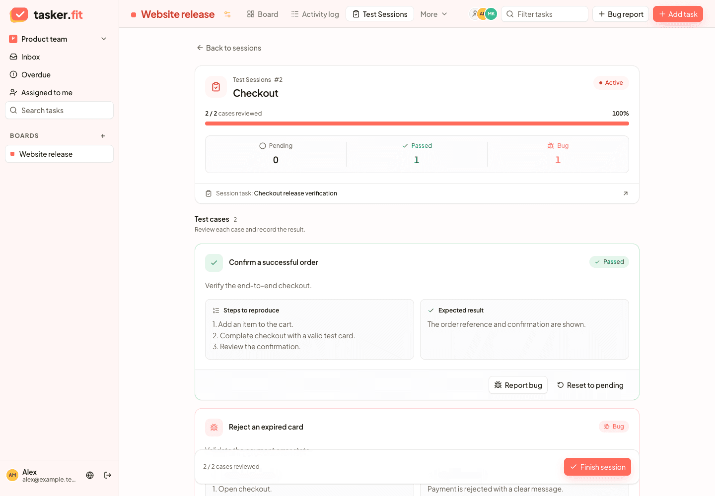 Active QA session showing case outcomes, progress, and a linked bug task