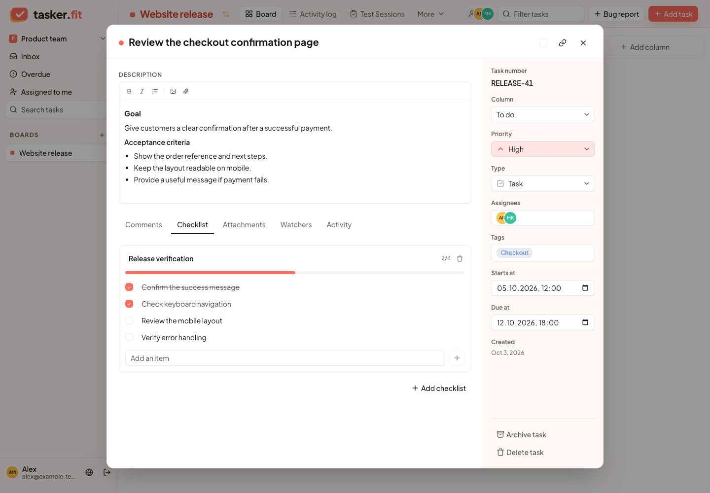 Task checklist with implementation and verification steps and completion progress