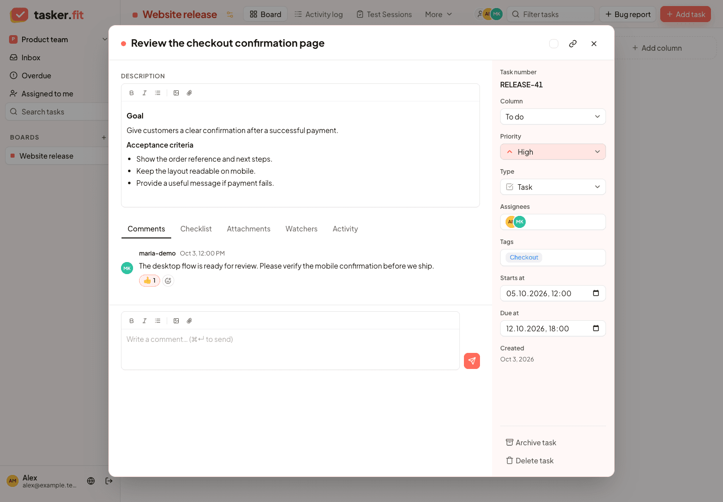 Task dialog with a formatted description, assignees, priority, tags, and dates