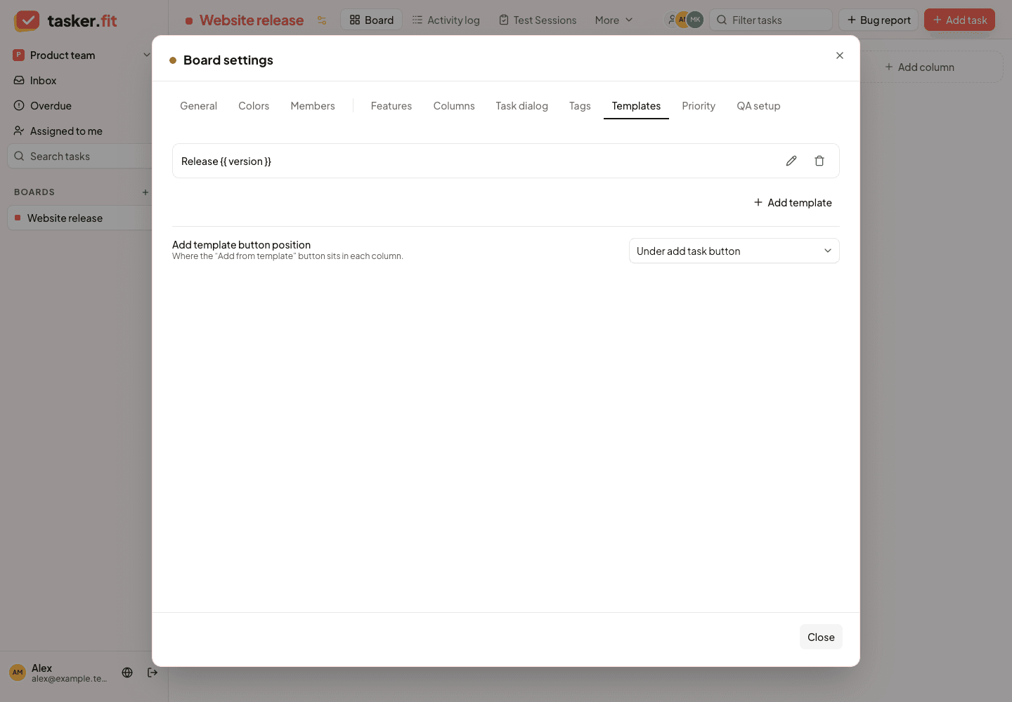 Board template library showing a release template with variable placeholders