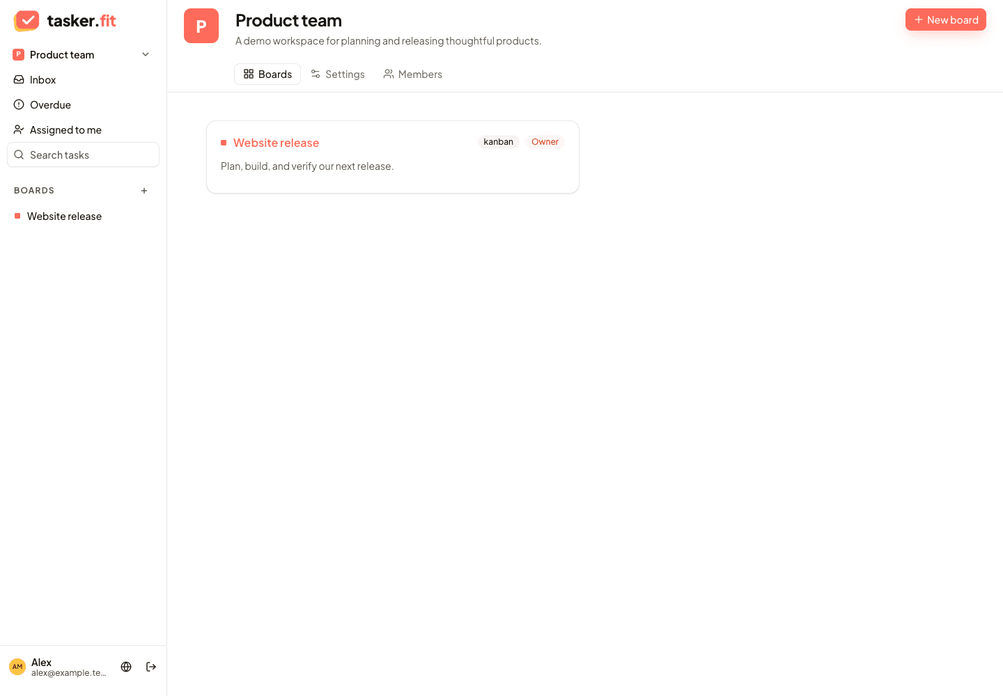 Tasker.fit Product team workspace showing its project boards